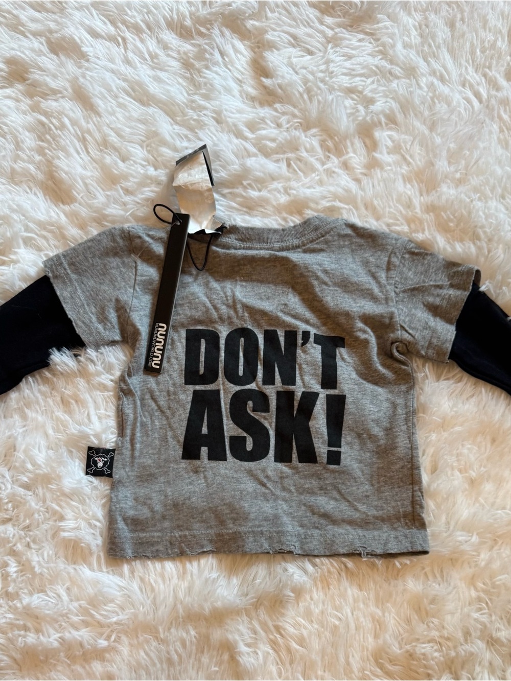 Nununu Don’t Ask! Layered Long Sleeve Graphic Tee Toddler Gray Black 100% Cotton